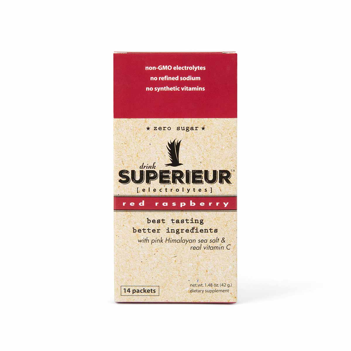 Box of Superieur Electrolytes red raspberry flavor packets, 14 count, with non-GMO and zero sugar labeling.