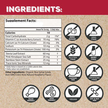 Supplement facts label showing ingredients and nutrition information for electrolyte packets with zero sugar, GMO-free, glute