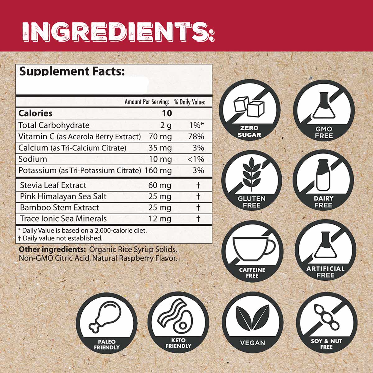 Supplement facts label showing ingredients and nutrition information for electrolyte packets with zero sugar, GMO-free, glute