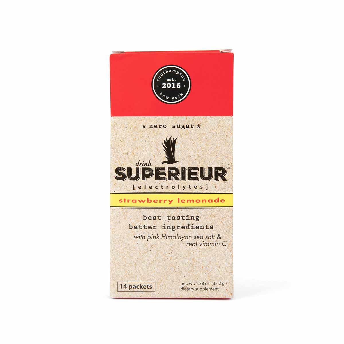 Superieur Electrolytes box with red top and beige body, strawberry lemonade flavor, 14 packets.