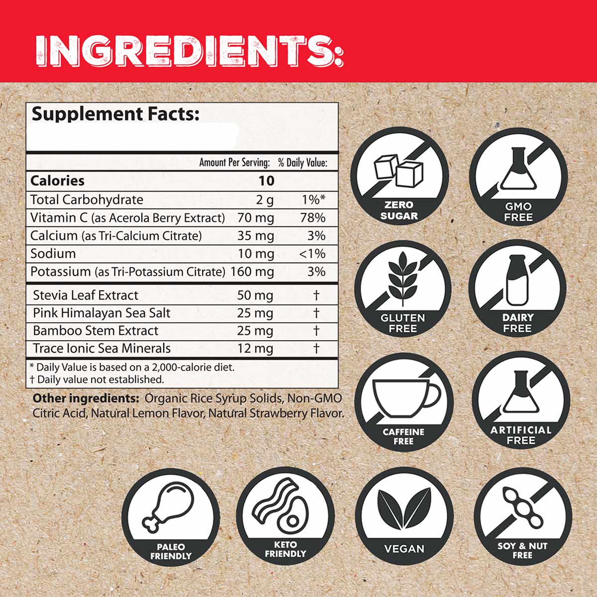 Supplement facts label for electrolyte packets listing ingredients, nutritional information, and certification badges includi