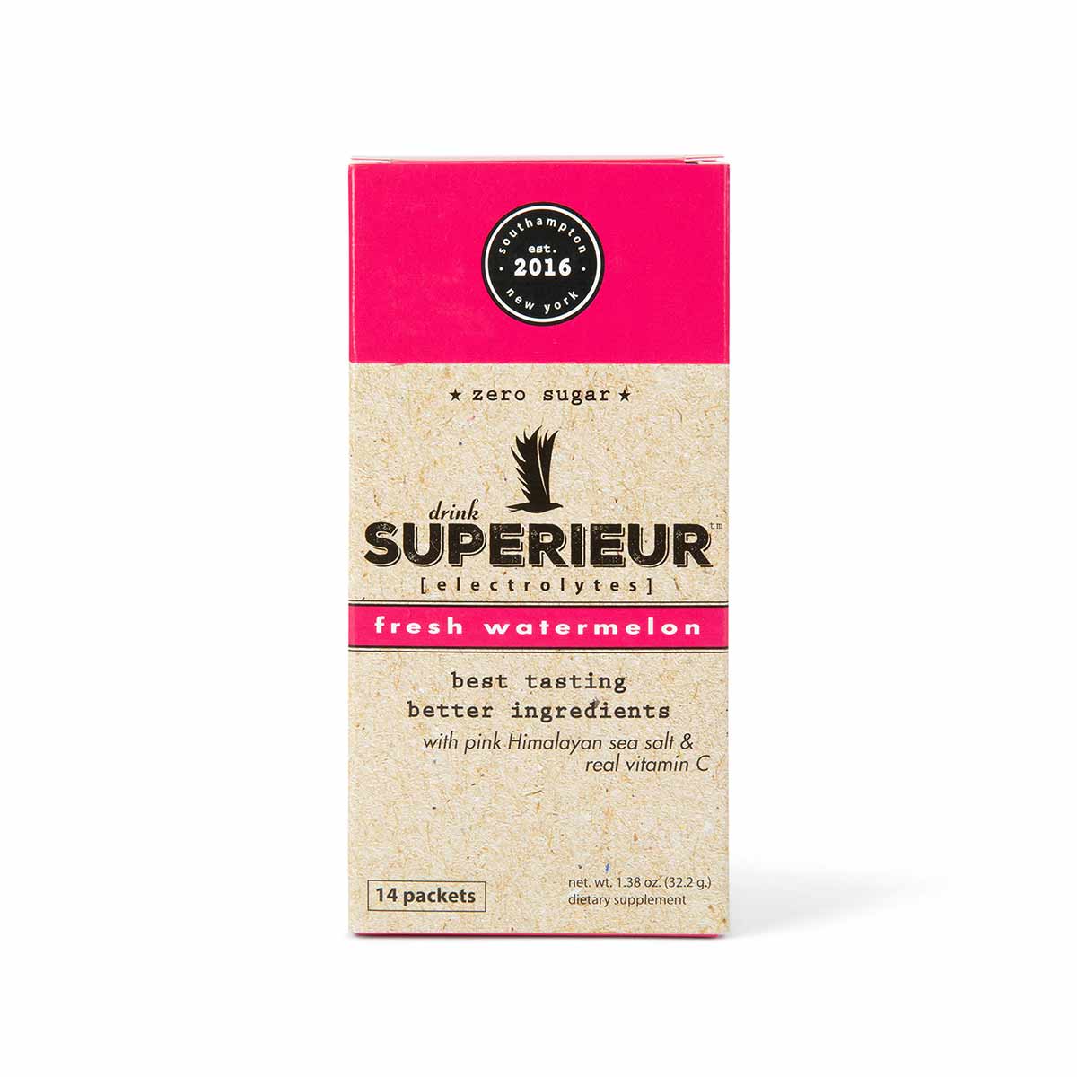 Box of 14 Superieur Electrolytes packets in fresh watermelon flavor, zero sugar, with pink and tan packaging.