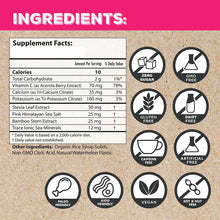 Supplement facts label with ingredients list and certification badges including zero sugar, GMO-free, gluten-free, dairy-free