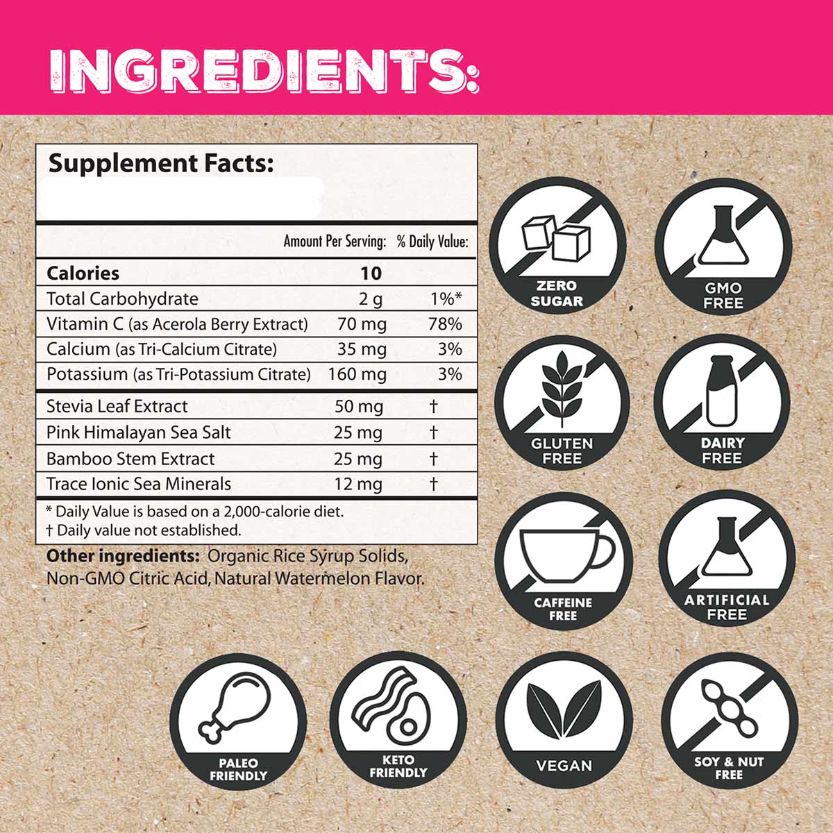 Supplement facts label with ingredients list and certification badges including zero sugar, GMO-free, gluten-free, dairy-free
