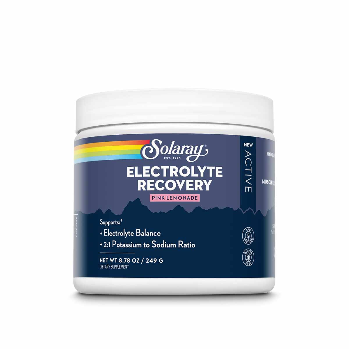 Solaray Electrolyte Recovery powder in pink lemonade flavor, 8.78 oz container with white lid and navy label.