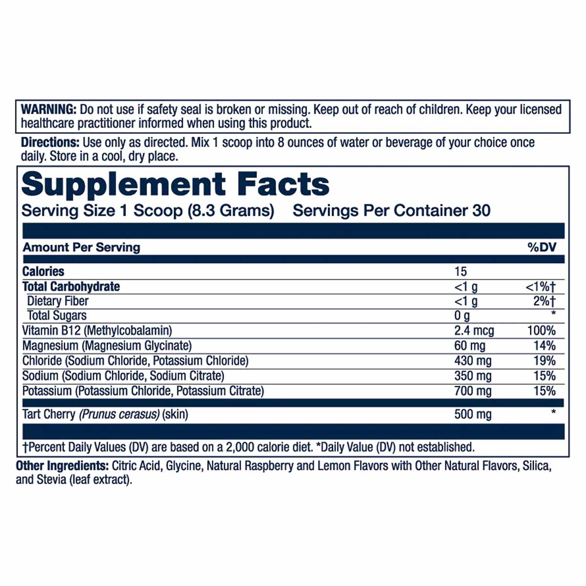 Supplement Facts label for Solaray Electrolyte Recovery powder showing serving size, nutritional information, and ingredients