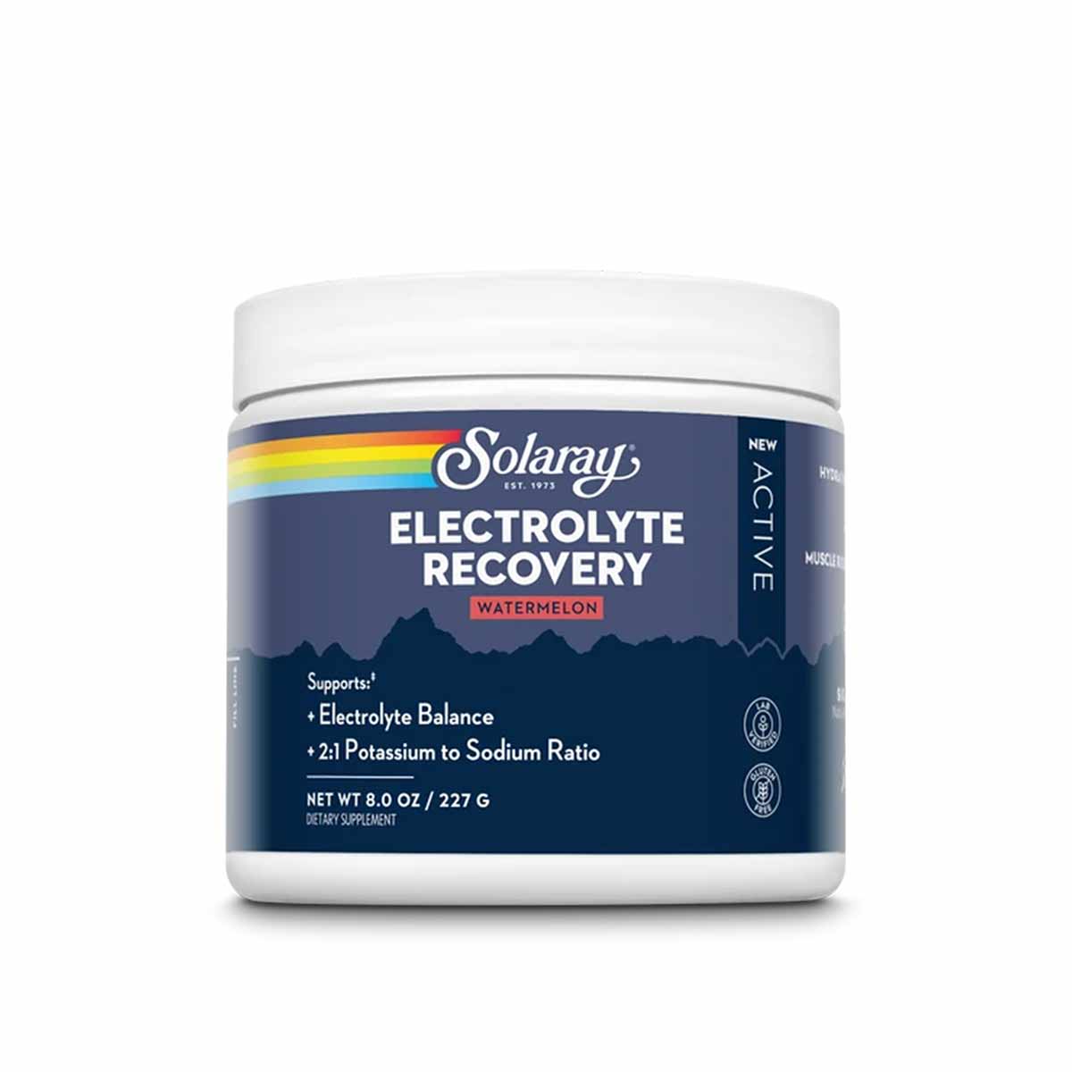 Solaray Electrolyte Recovery powder in watermelon flavor, 8 oz container with white lid and dark blue label.