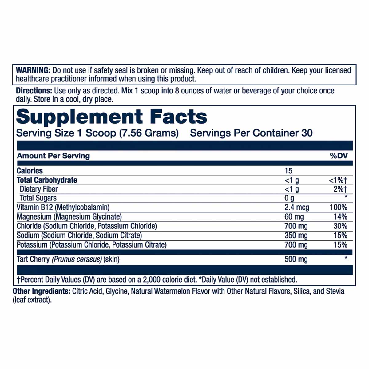 Supplement Facts label for Solaray Electrolyte Recovery powder showing nutritional information including electrolytes, vitami