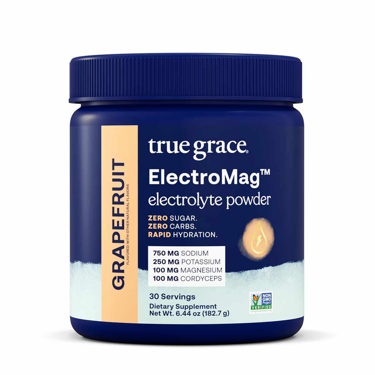 Blue canister of True Grace ElectroMag electrolyte powder in grapefruit flavor with nutrition information and blue screw-top 
