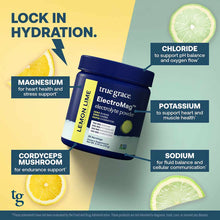 Blue canister of ElectroMag electrolyte powder by True Grace with lemon lime flavor, surrounded by lemon and lime slices.