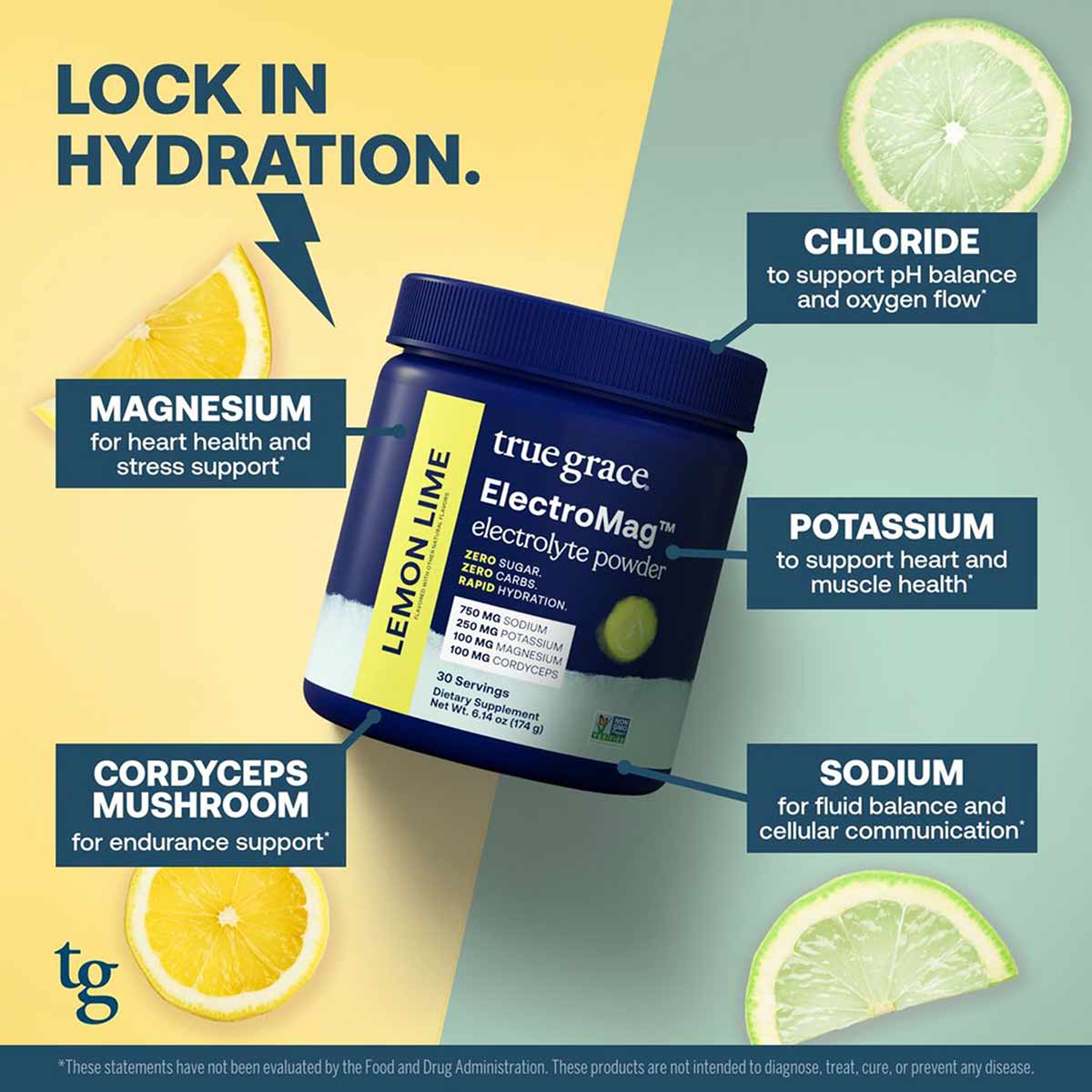 Blue canister of ElectroMag electrolyte powder by True Grace with lemon lime flavor, surrounded by lemon and lime slices.