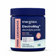 Dark blue canister of True Grace ElectroMag electrolyte powder with pink label, blue screw cap, and product information visib