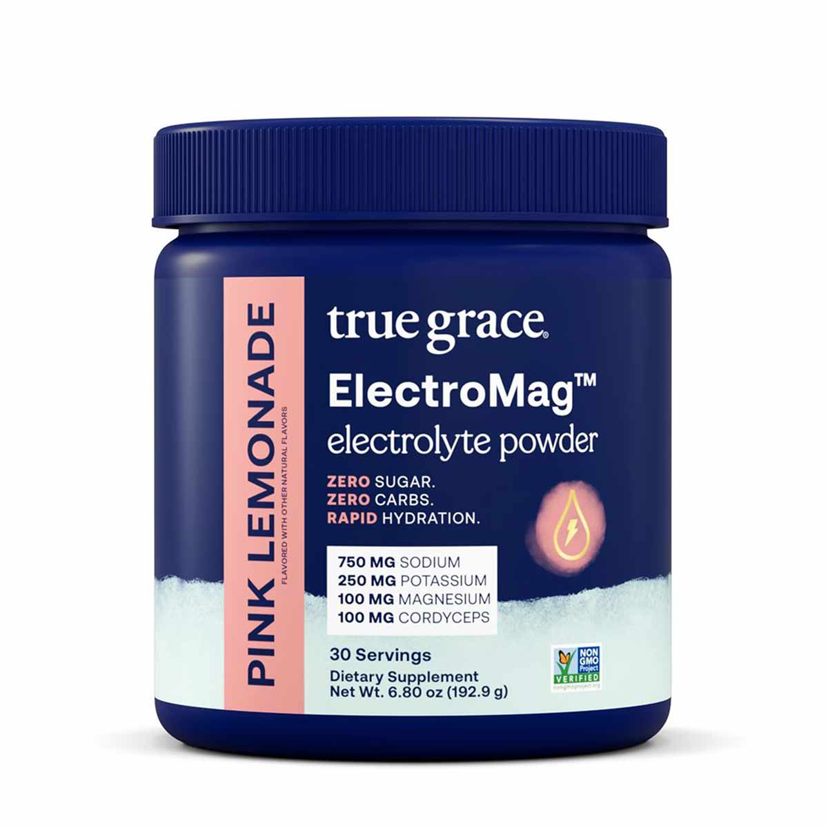 Dark blue canister of True Grace ElectroMag electrolyte powder with pink label, blue screw cap, and product information visib