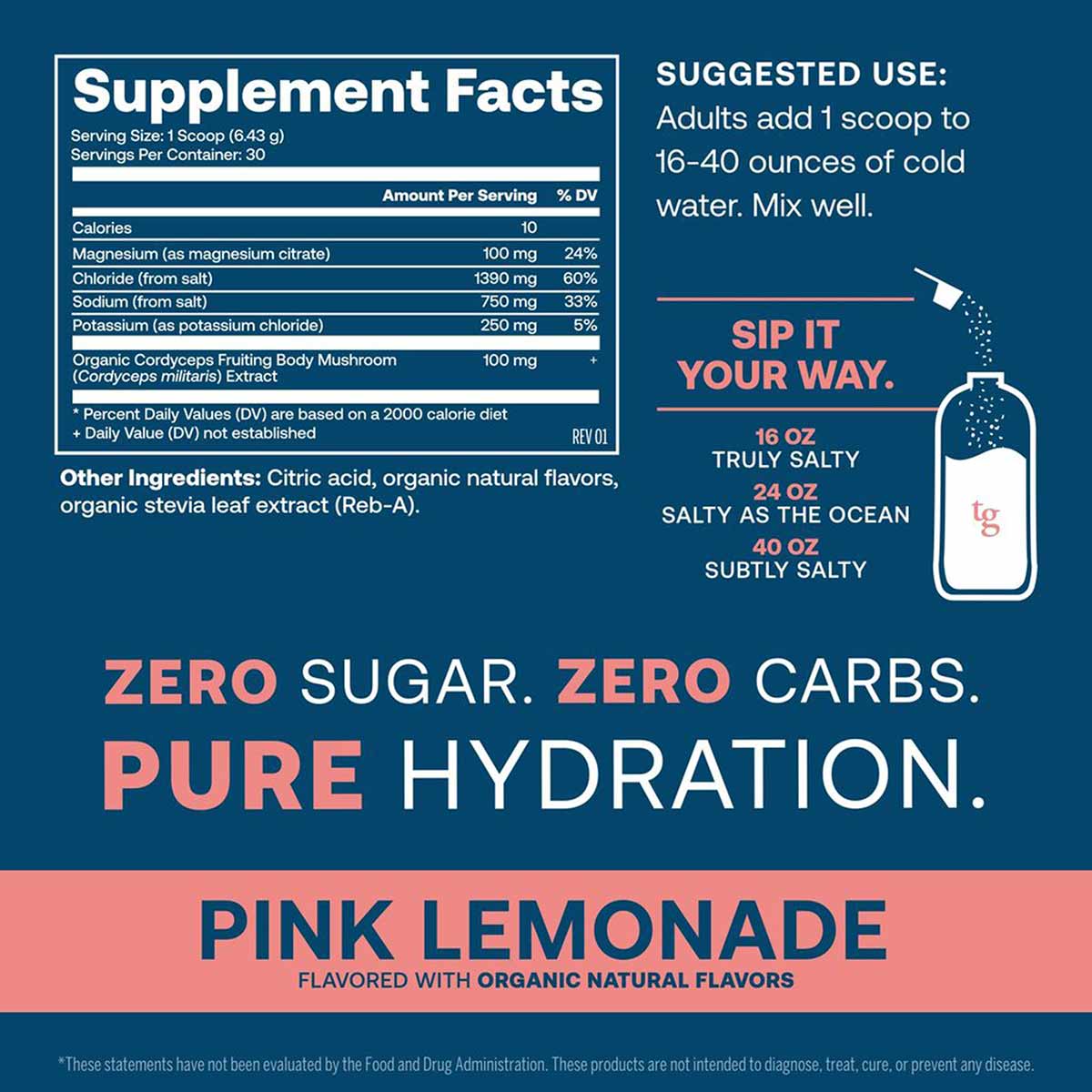 ElectroMag electrolyte powder canister with supplement facts, ingredients, and pink lemonade flavor label on dark blue backgr