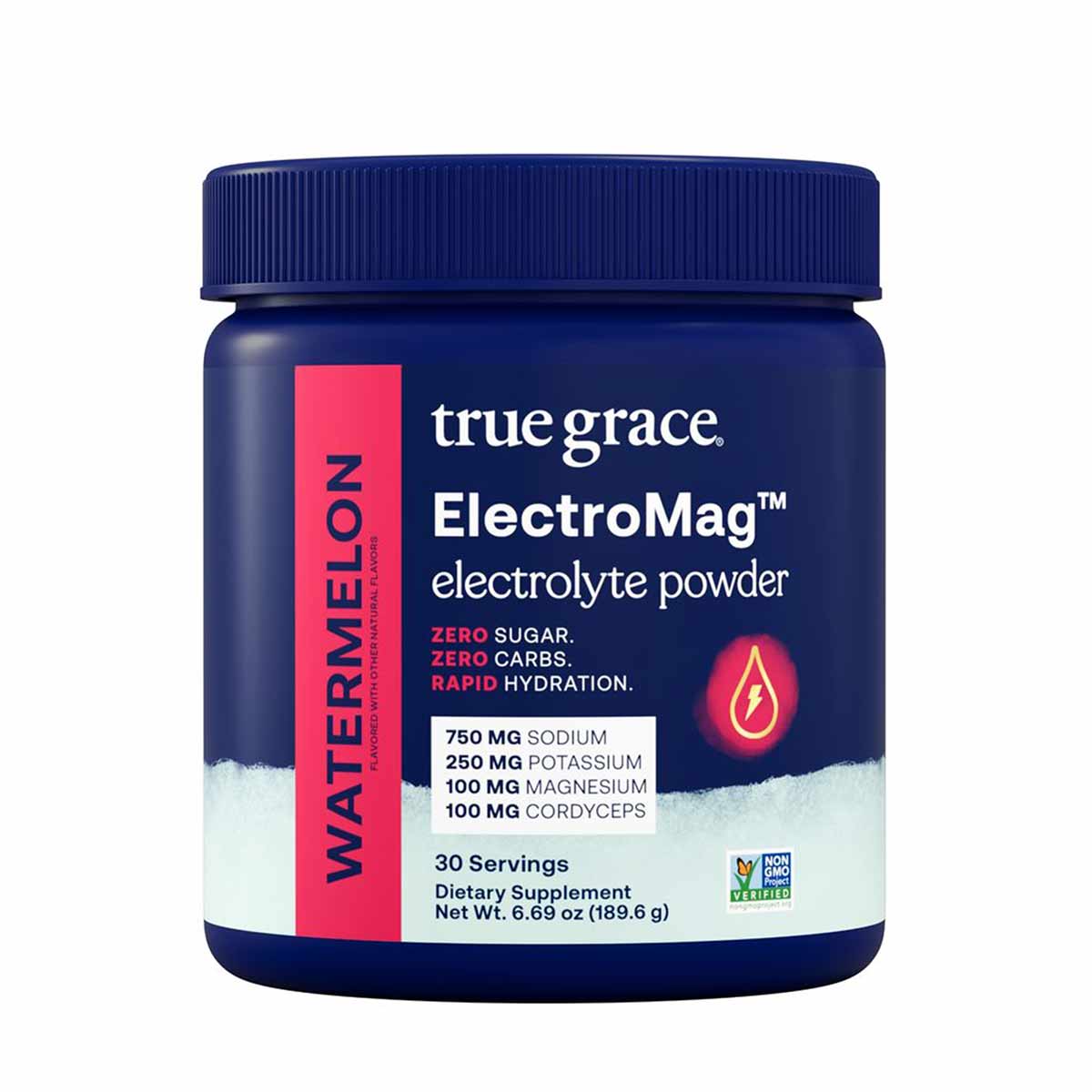 Blue plastic canister with blue screw-on lid containing ElectroMag electrolyte powder by True Grace, labeled with red waterme
