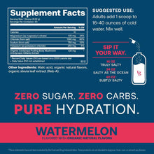 Blue canister label displaying electrolyte supplement facts, ingredients, and watermelon flavor branding with mixing instruct
