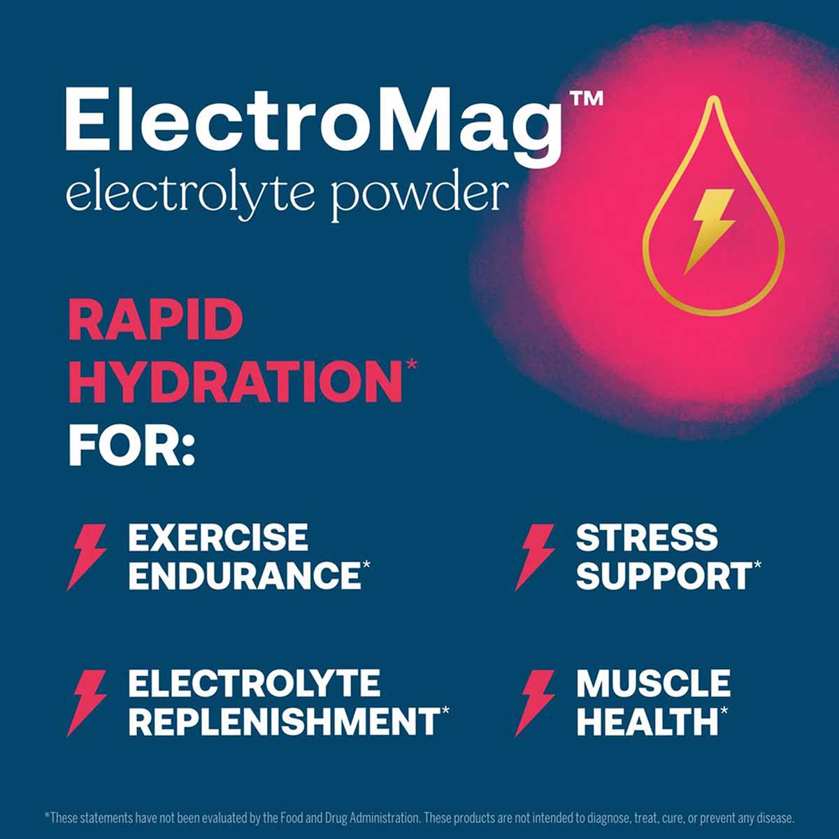 ElectroMag electrolyte powder canister with pink glowing droplet icon and yellow lightning bolt on dark blue background.