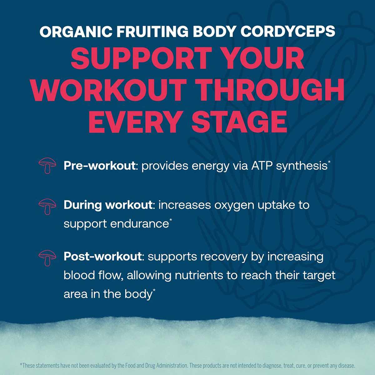 ElectroMag Electrolyte Canister by True Grace with text describing organic fruiting body cordyceps and workout support benefi