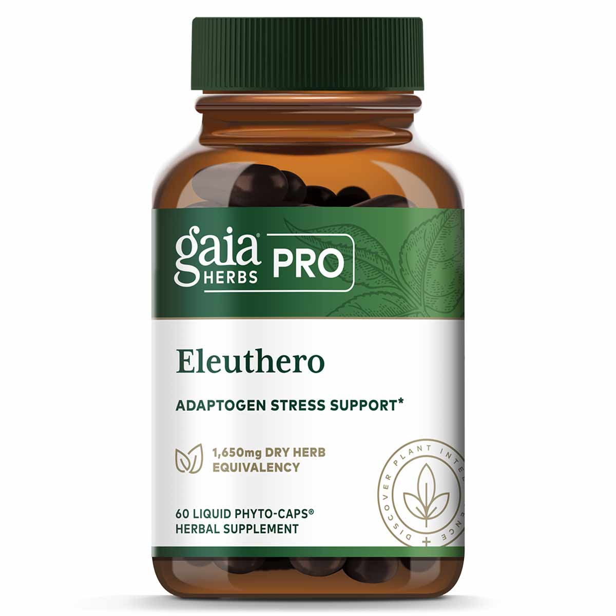Gaia Herbs Pro Eleuthero supplement bottle with green cap containing dark liquid phyto-caps.
