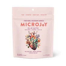 Pink pouch of MicroJoy Elevate functional mushroom gummies with heart and floral illustration, 30 count strawberry flavor.