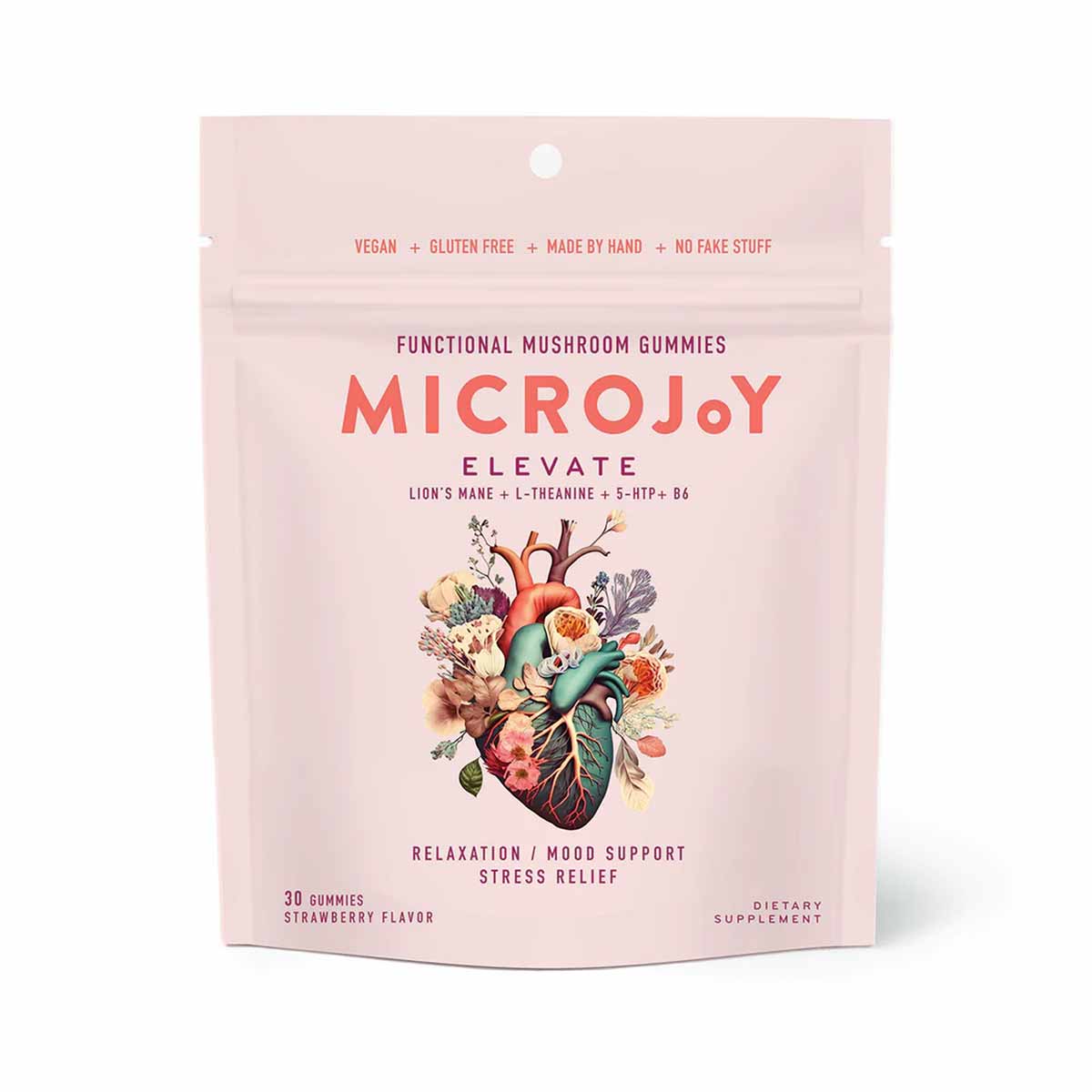 Pink pouch of MicroJoy Elevate functional mushroom gummies with heart and floral illustration, 30 count strawberry flavor.