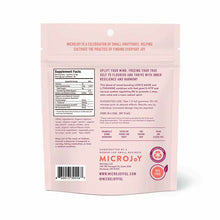 Pink pouch of Elevate Gummies by MicroJoy with supplement facts label, ingredients list, and product information visible on b