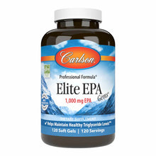 Carlson Labs Elite EPA Gems 1000 mg supplement bottle with white cap and blue label featuring mountain imagery.