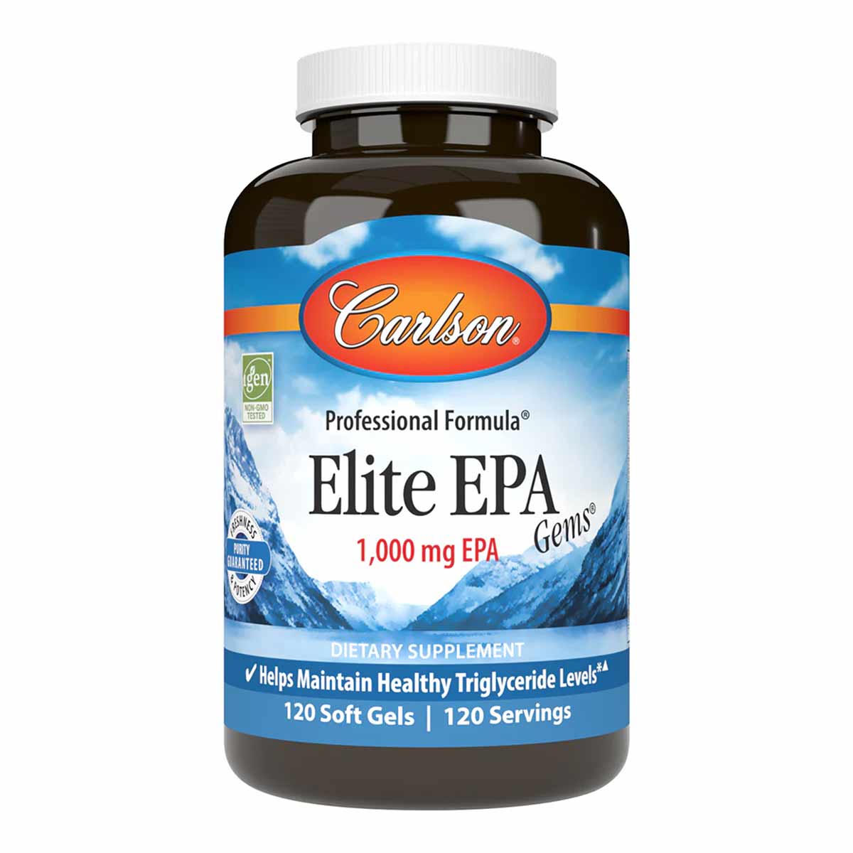Carlson Labs Elite EPA Gems 1000 mg supplement bottle with white cap and blue label featuring mountain imagery.