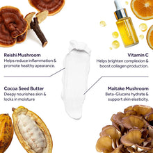 White moisturizer swatch surrounded by reishi mushroom, cocoa seed butter, vitamin C serum, and maitake mushroom with ingredi