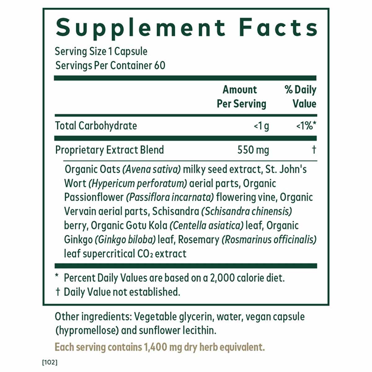 Supplement Facts label for Emotional Balance PRO showing serving size, ingredients including herbal extracts, and nutritional