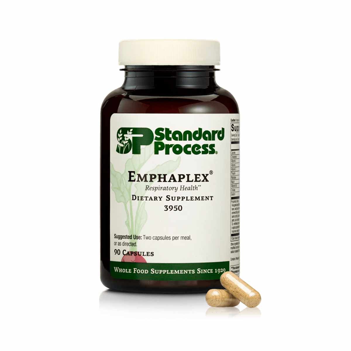 Brown glass bottle of Standard Process Emphaplex dietary supplement with white cap and label, 90 capsules, with two capsules 