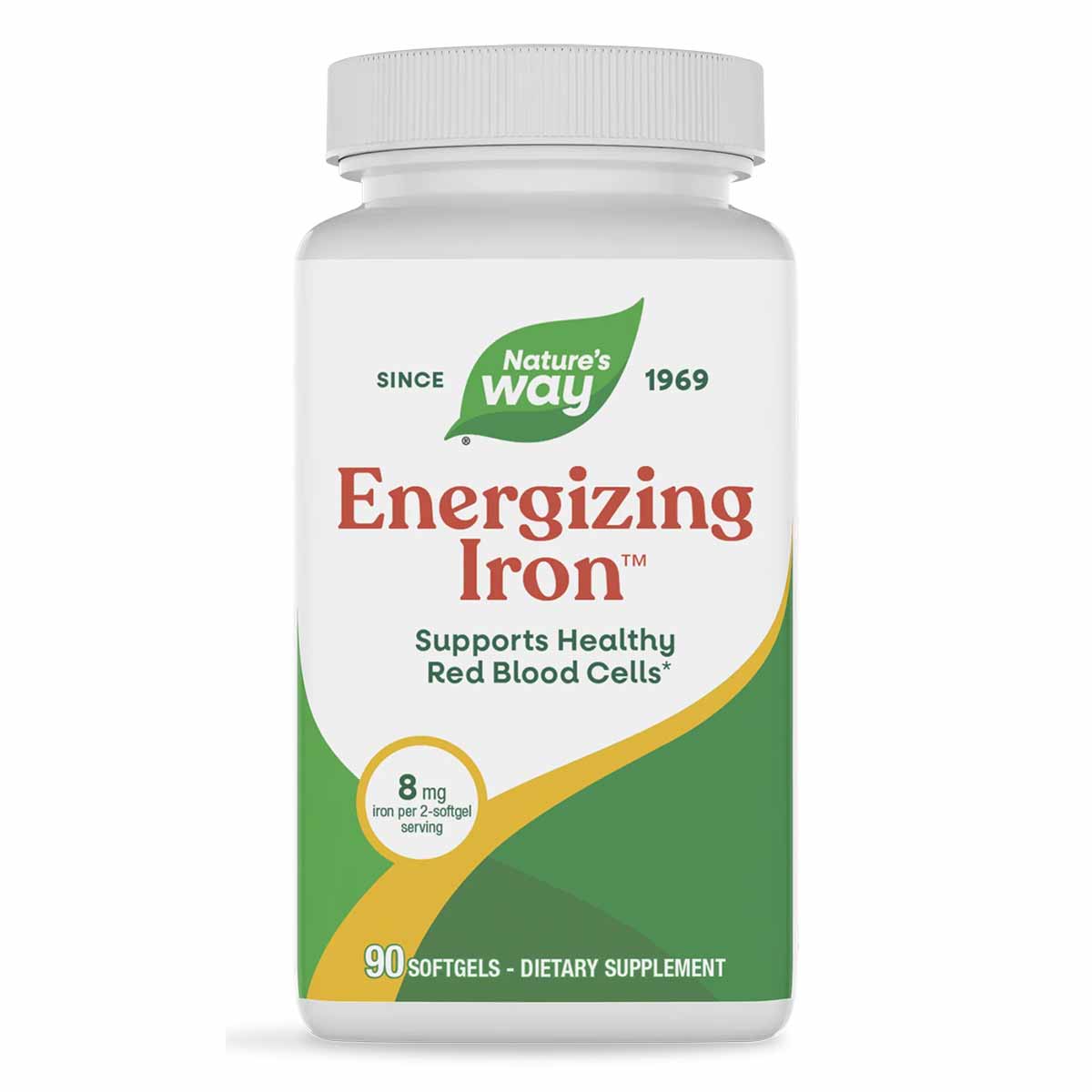 Nature's Way Energizing Iron supplement bottle with white cap containing 90 softgels, 8 mg per serving.