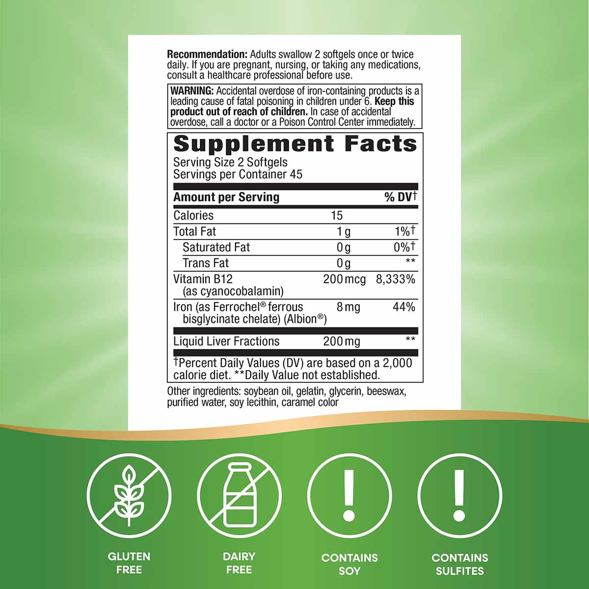Supplement Facts label for Energizing Iron softgels showing dosage, nutrition information, and allergen warnings on green bac