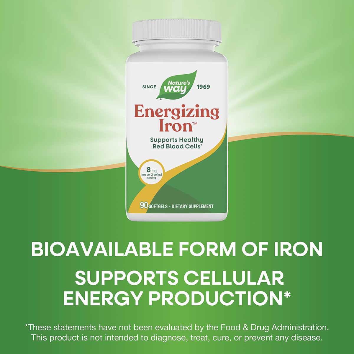 Nature's Way Energizing Iron supplement bottle with white label, green and gold accents, containing 90 softgels at 8 mg per s