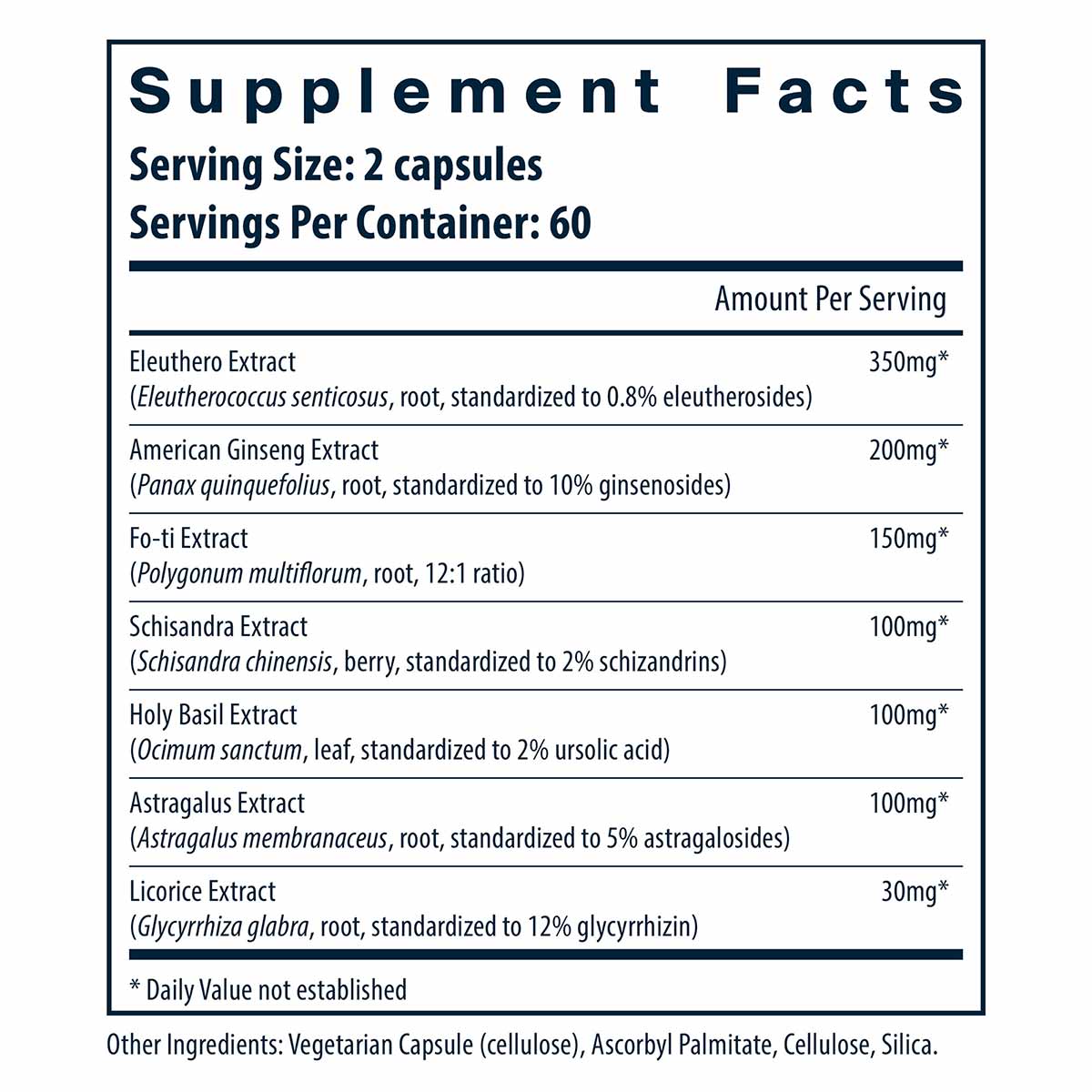 Supplement Facts label for Energy Plus capsules listing serving size, ingredients, and amounts per serving.