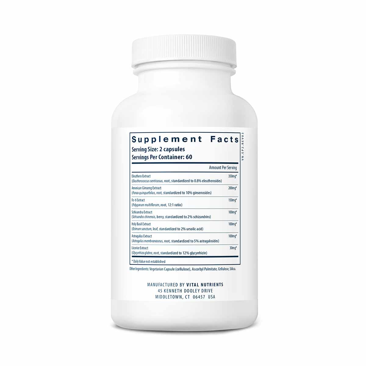 White supplement bottle with white cap and black Supplement Facts label listing ingredients including Rhodiola, Ginseng, and 