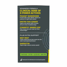 Sunwarrior pre-workout supplement packet with dark gray label listing ingredients including Peak02 mushrooms, ginger, and man