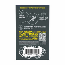 Back of Sunwarrior pre-workout supplement package with dark gray background, yellow text, product benefits icons, QR code, an