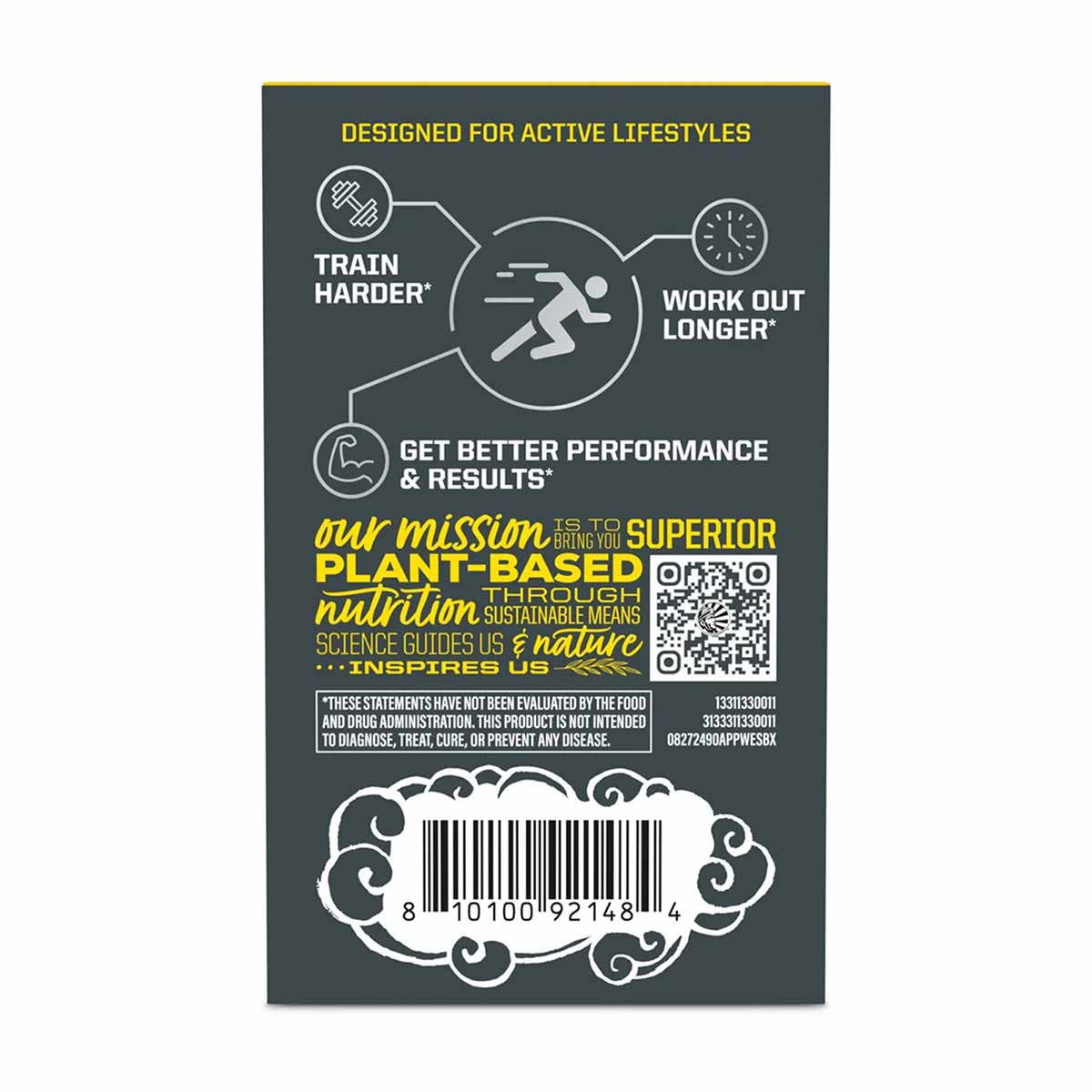 Back of Sunwarrior pre-workout supplement package with dark gray background, yellow text, product benefits icons, QR code, an