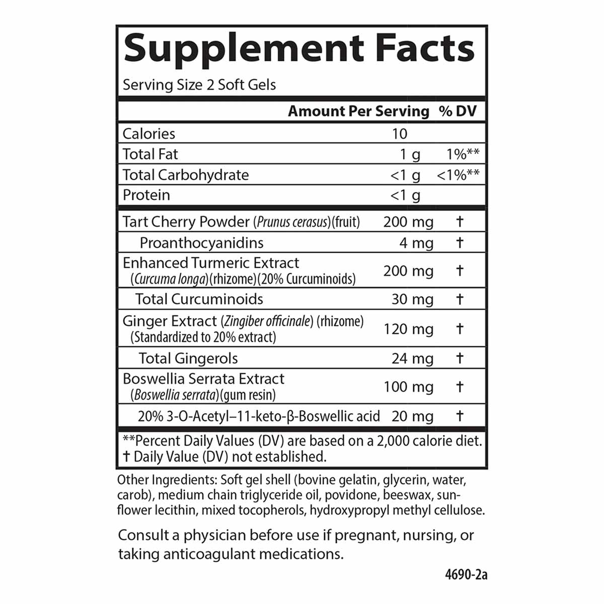 Supplement Facts label for Enhanced Mobility soft gels listing ingredients including tart cherry, turmeric extract, ginger ex