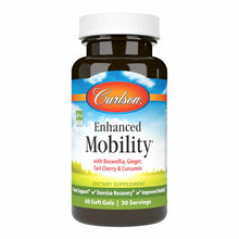 Dark amber glass bottle with white ribbed cap containing Carlson Labs Enhanced Mobility dietary supplement soft gels.