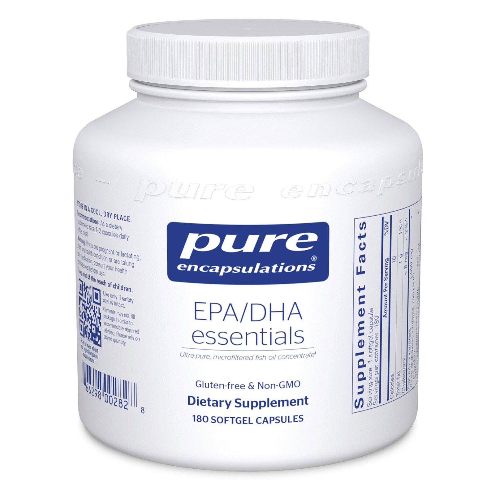 White bottle of Pure Encapsulations EPA/DHA Essentials dietary supplement containing 180 softgel capsules.