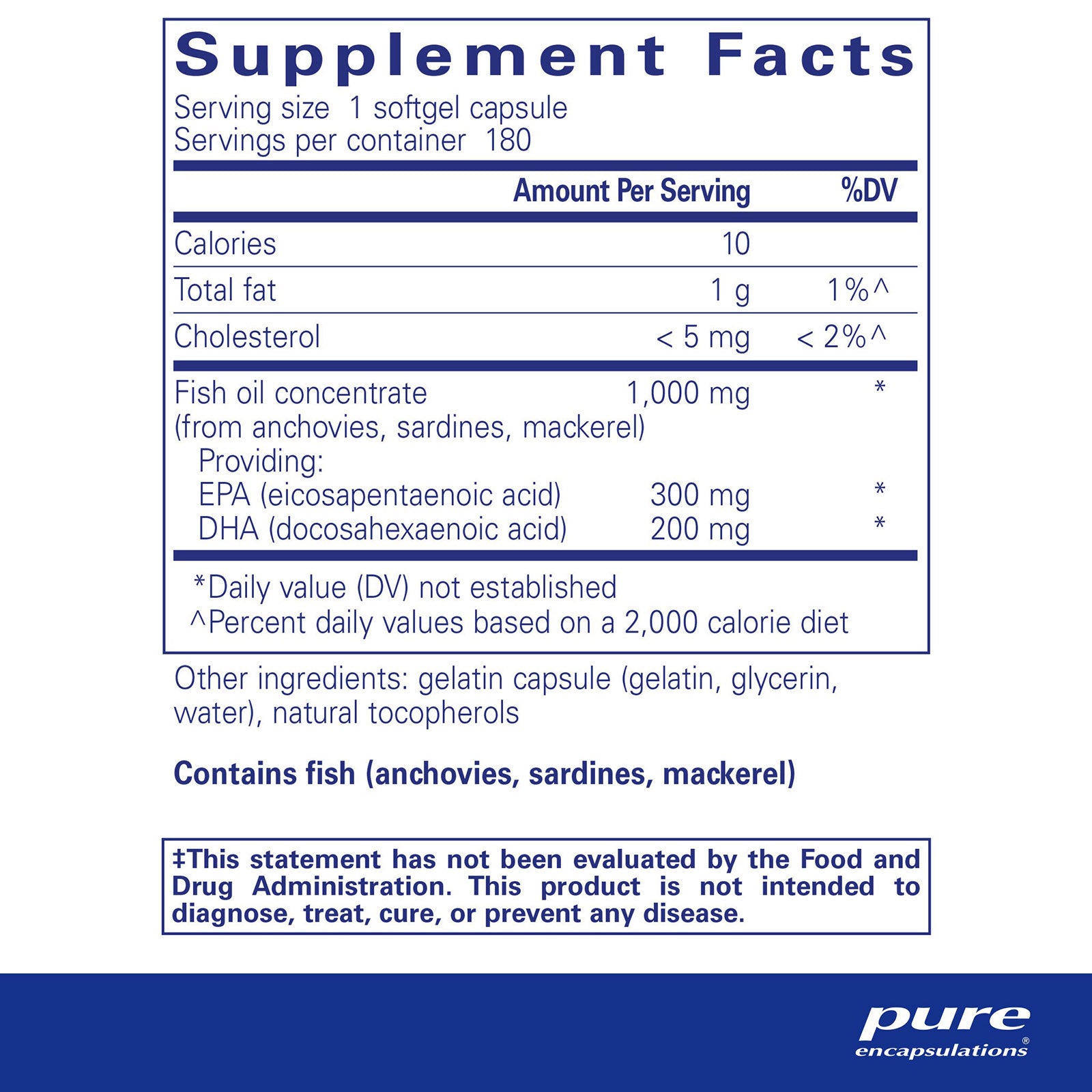 Supplement Facts label showing EPA/DHA Essentials with 300mg EPA and 200mg DHA per softgel capsule.
