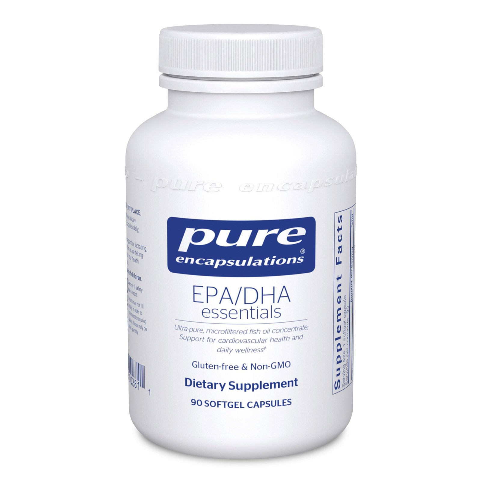 White bottle with white cap labeled EPA/DHA essentials by Pure Encapsulations, containing 90 softgel capsules.