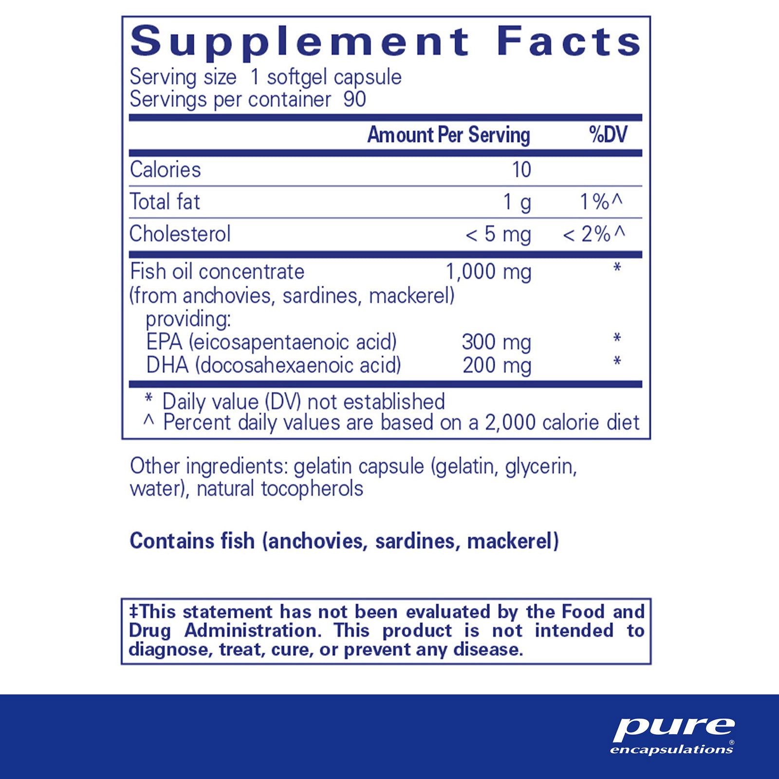 Supplement Facts label for EPA/DHA Essentials softgel capsules showing 300mg EPA and 200mg DHA per serving from fish oil.