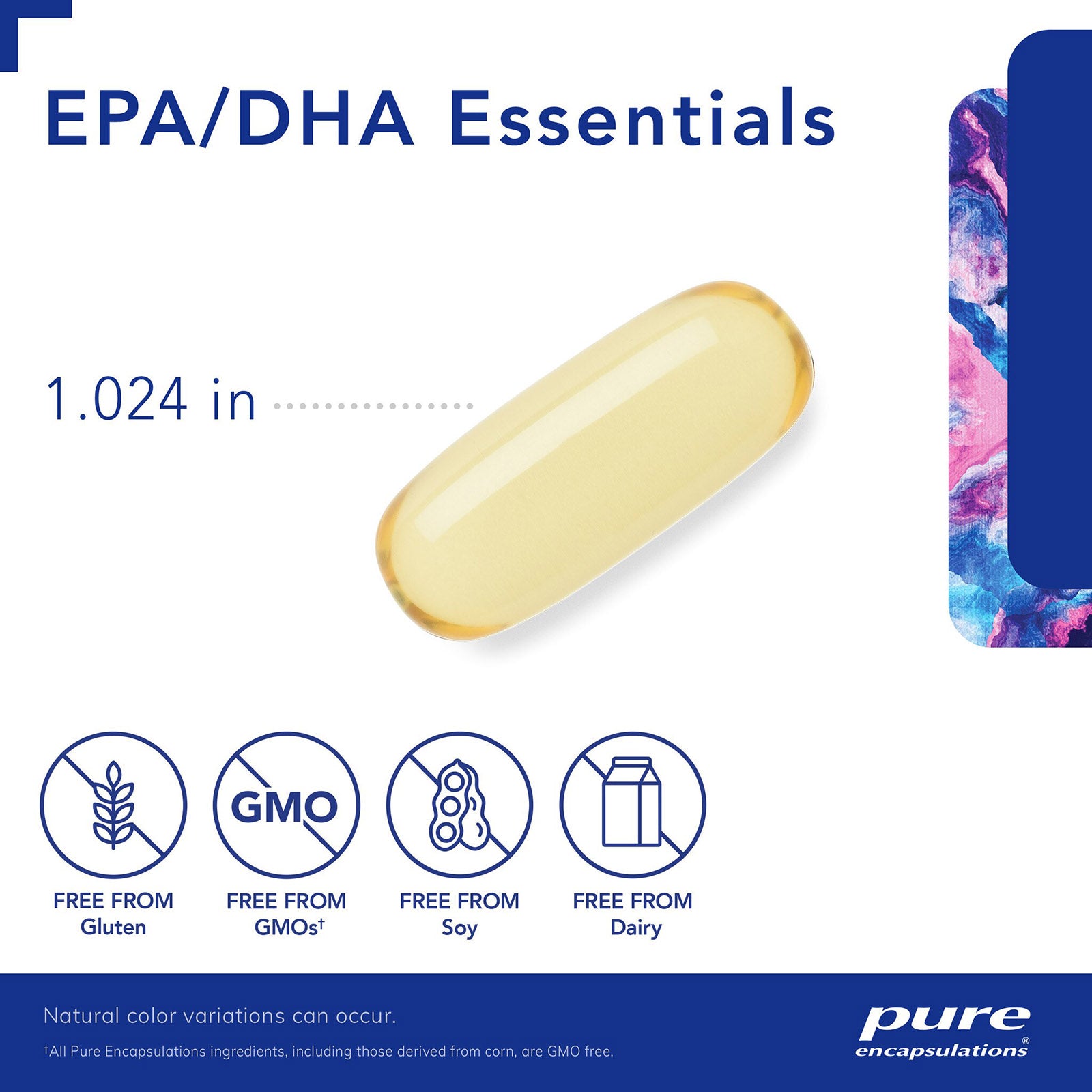 Pale yellow oval soft gel capsule measuring 1.024 inches with product packaging visible on right side.