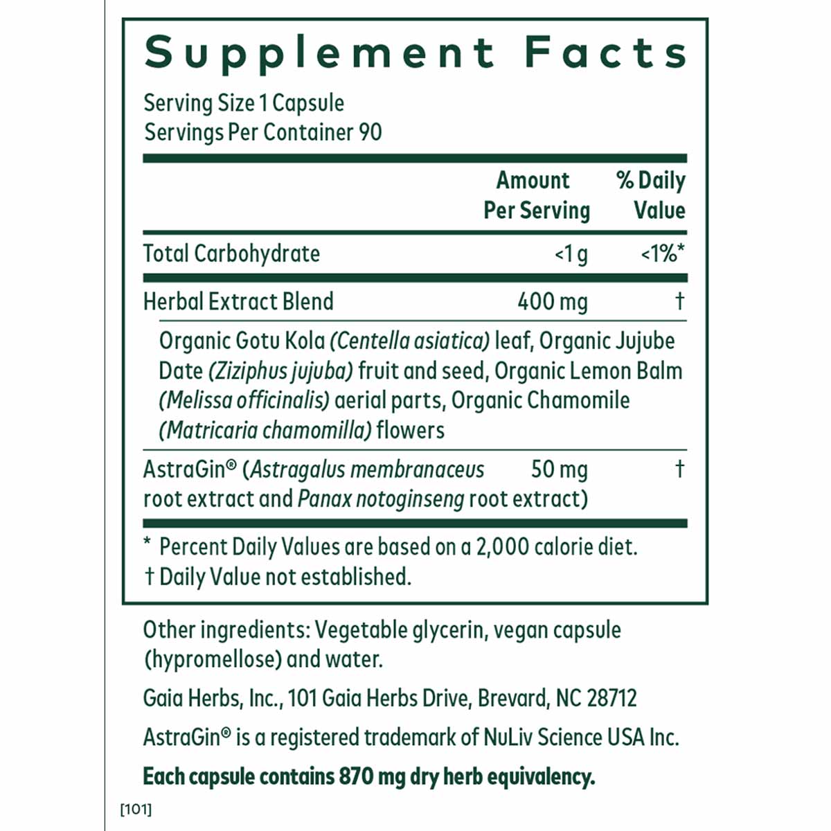 Supplement Facts label for EpiVital 90 Liquid Phyto Caps showing ingredients including herbal extract blend, Gotu Kola, Jujub