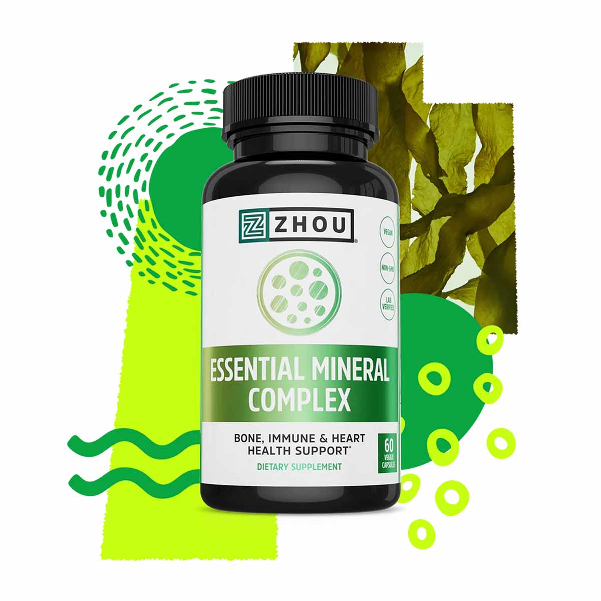 Zhou Nutrition Essential Mineral Complex supplement bottle with black cap and white label against green and yellow abstract b