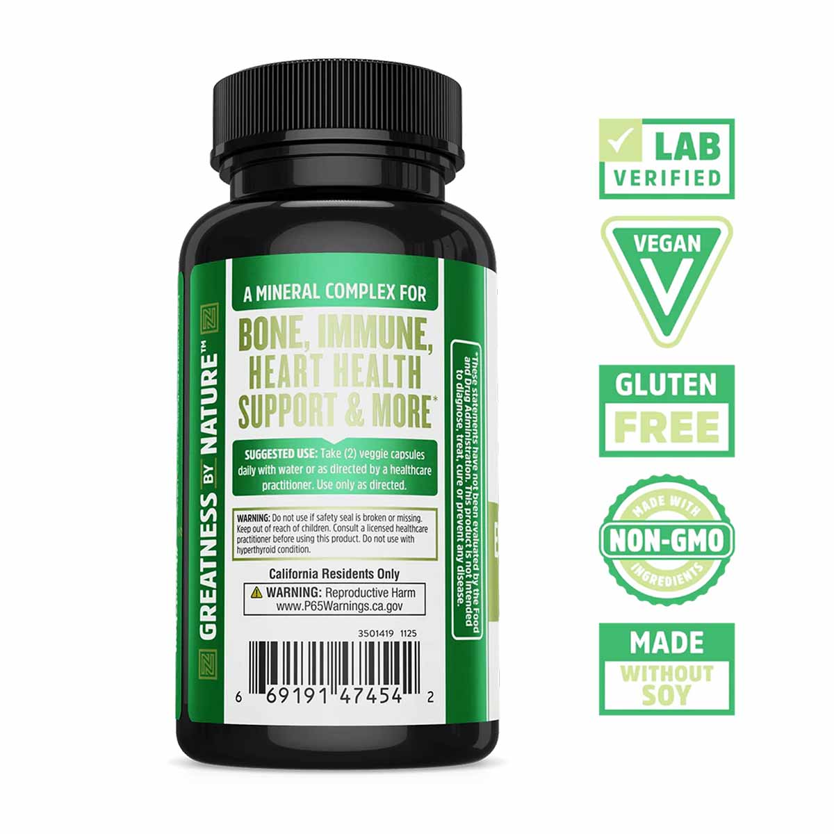 Black bottle of Zhou Nutrition Essential Mineral Complex with green label showing suggested use and certifications including 