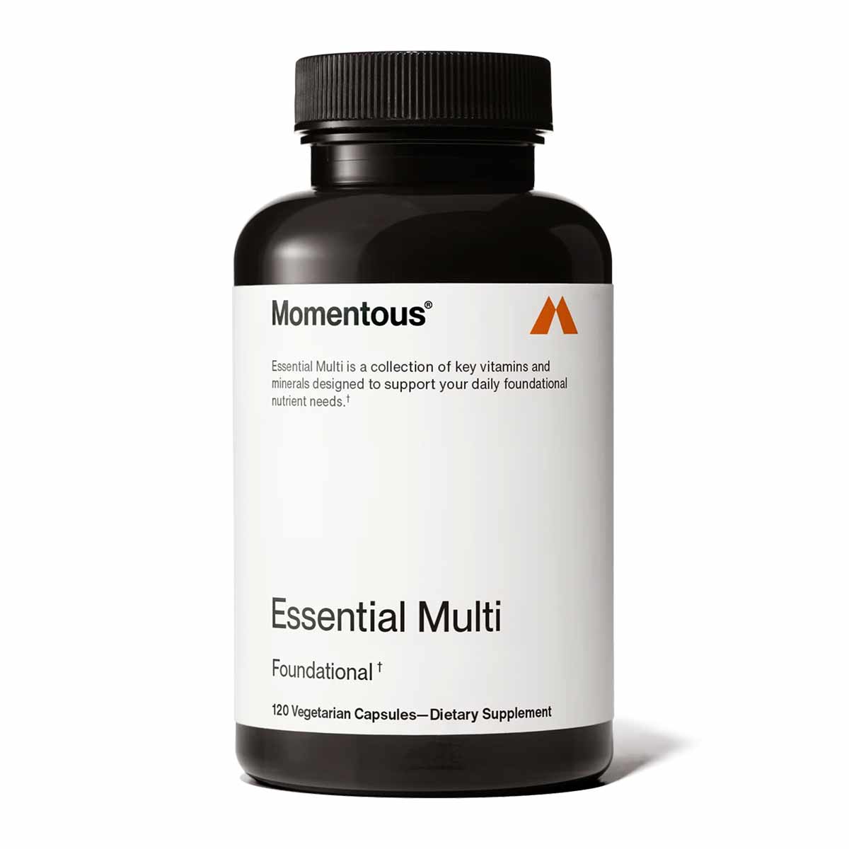 Black and white bottle of Momentous Essential Multi dietary supplement containing 120 vegetarian capsules.